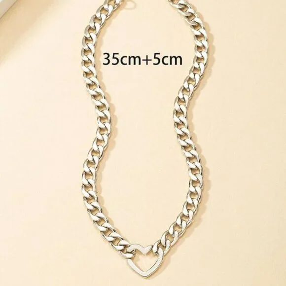 Sterling Silver Heart Cuban Chain Choker Necklace - Picture 2 of 5